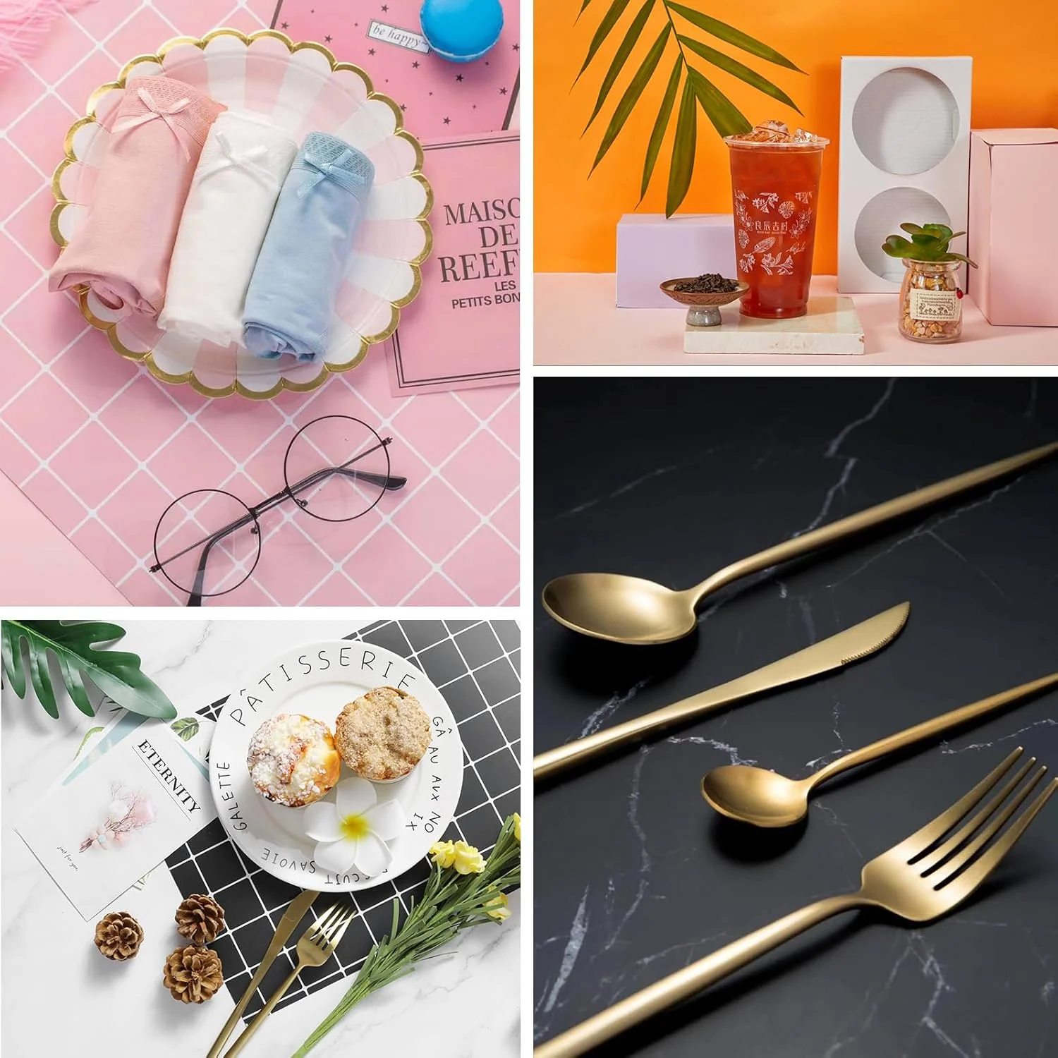 مجموعه 7 عددی تخته پس زمینه عکس دو طرفه، کاغذ پس زمینه PVC تخت 40x29 سانتی متر، 14 طرح، به همراه 2 عدد پنل سایه پنجره 28x28 سانتی متر برای عکاسی از محصول، غذا و جواهرات