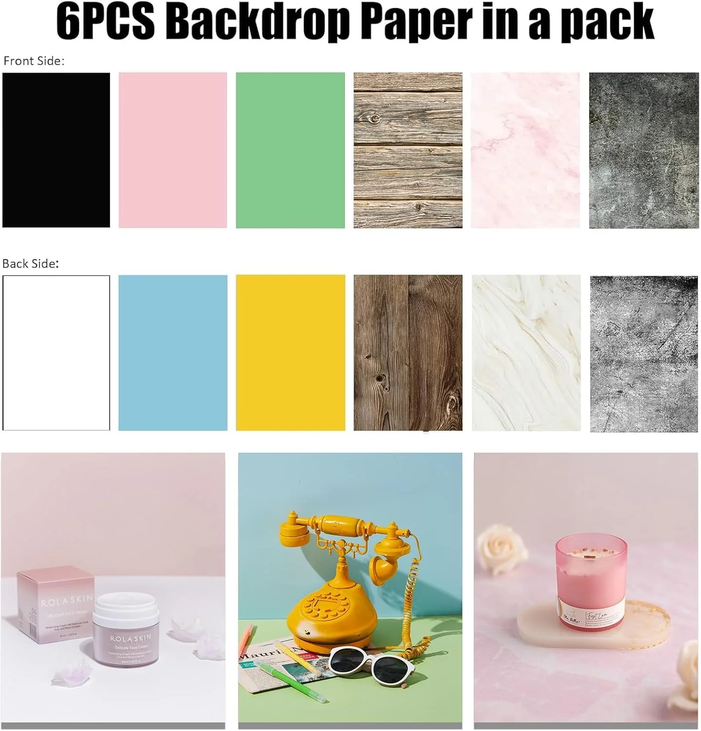 کاغذ پس زمینه عکاسی دو طرفه 6 عددی و تخته پس زمینه عکس 2 عددی، 60x60 سانتی متر، با کیف حمل و اجزا، مجموعه پس زمینه 16 طرح برای نیازهای عکاسی، ضد آب، قابل حمل