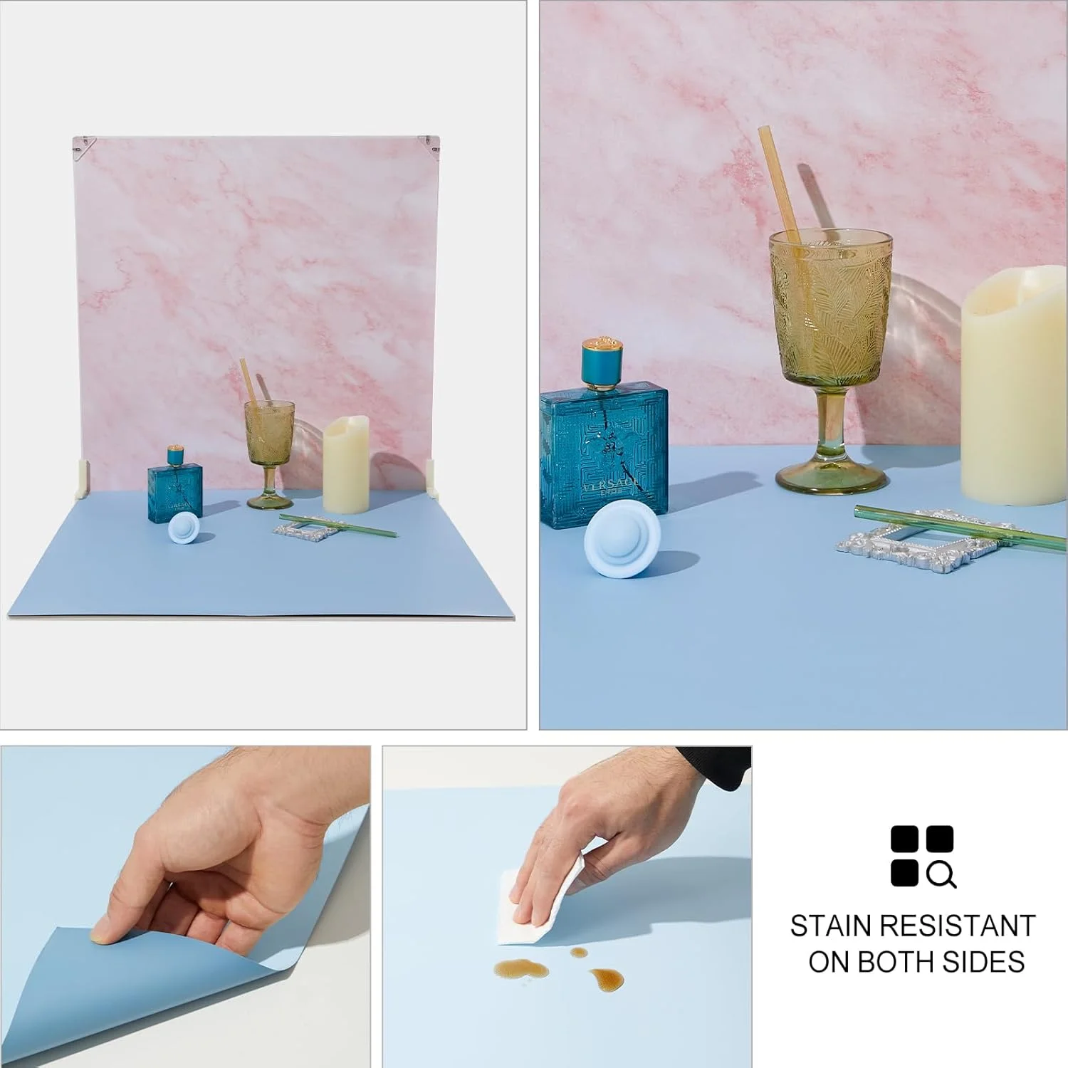 کاغذ پس زمینه عکاسی دو طرفه 6 عددی و تخته پس زمینه عکس 2 عددی، 60x60 سانتی متر، با کیف حمل و اجزا، مجموعه پس زمینه 16 طرح برای نیازهای عکاسی، ضد آب، قابل حمل