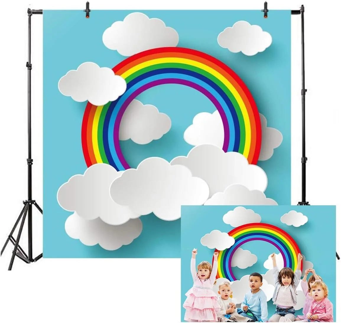 پس زمینه عکس طرح کارتونی رنگین کمان و ابر روی کاغذ آبی AOFOTO، مناسب برای عکاسی، جشن تولد کودکان، دکوراسیون و استودیو
