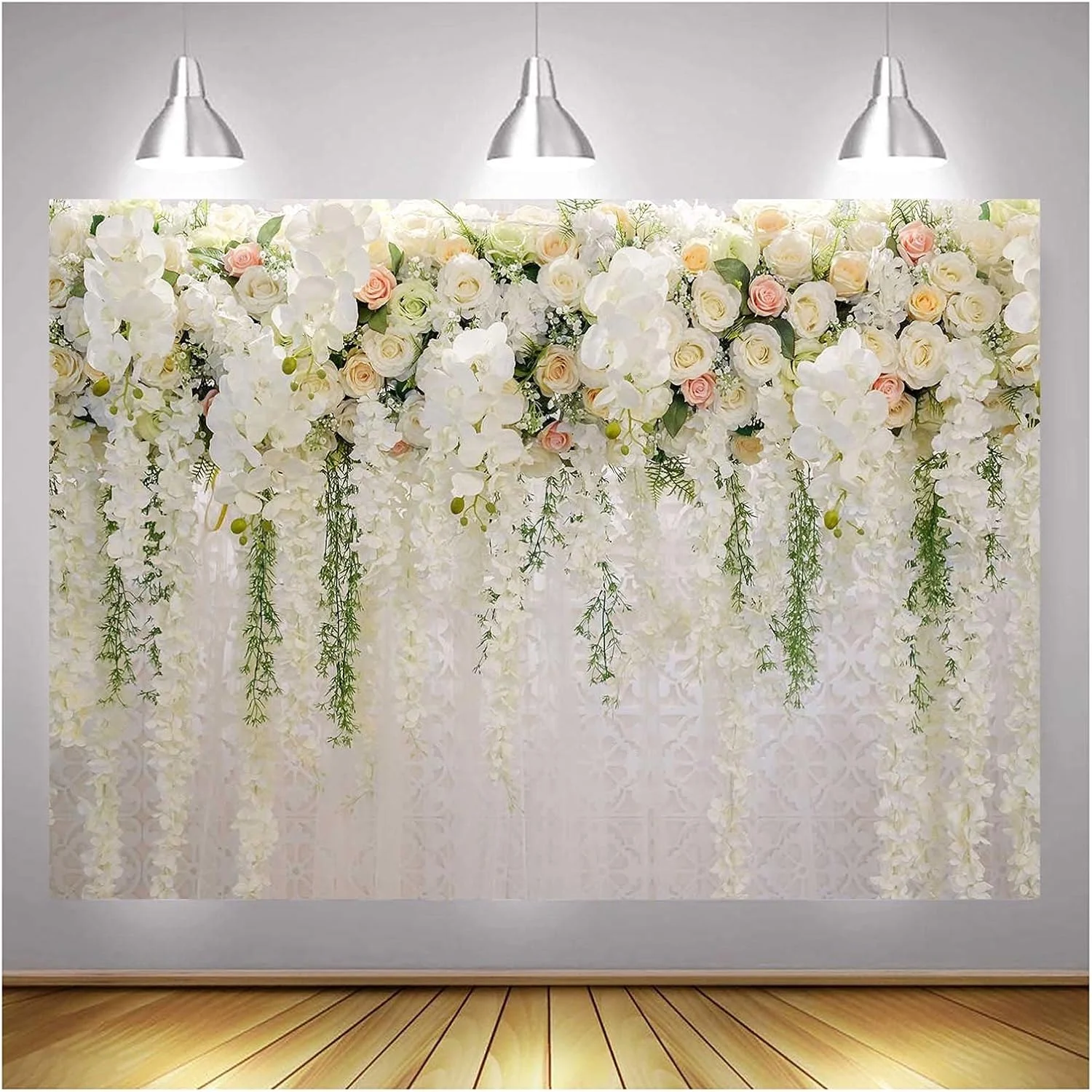 پس زمینه عکاسی با تم گل رز سفید SKEIDO، گل های عروسی، پس زمینه عکس، جشن تولد دخترانه، پرتره، دکور میز کیک و دسر (رز سفید)