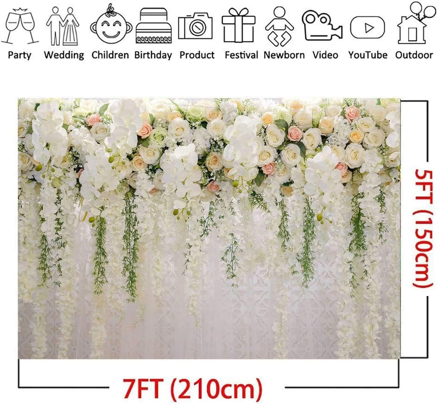 پس زمینه عکاسی با تم گل رز سفید SKEIDO، گل های عروسی، پس زمینه عکس، جشن تولد دخترانه، پرتره، دکور میز کیک و دسر (رز سفید)