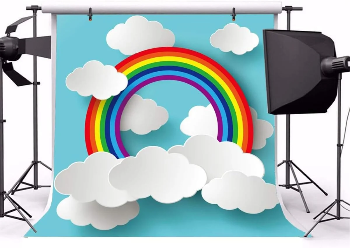 پس زمینه عکس آتلیه ای طرح رنگین کمان و ابرهای کارتونی روی کاغذ آبی AOFOTO، سایز 180x180 سانتی متر، مناسب برای عکاسی دخترانه، پسرانه، جشن نوزاد، غرفه عکس، مهمانی تولد کودکان، دکوراسیون و کاغذ دیواری