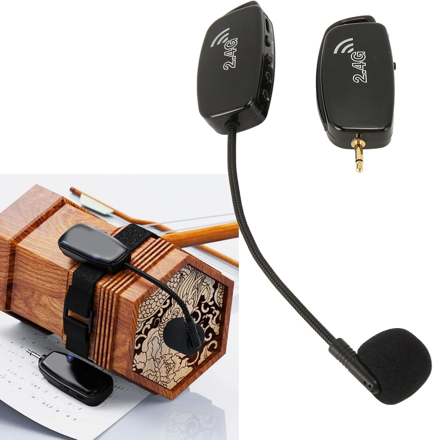 میکروفون ارهو، پیکاپ ویولن بی سیم 2.4G با قابلیت ضد تداخل و کاهش نویز به همراه آداپتور 3.5 میلی متری به 6.35 میلی متری برای سازها میکروفون ارهو، پیکاپ ویولن بی سیم 2.4G با قابلیت ضد تداخل و کاهش نویز به همراه آداپتور 3.5 میلی متری به 6.35 میلی متری برای سازها