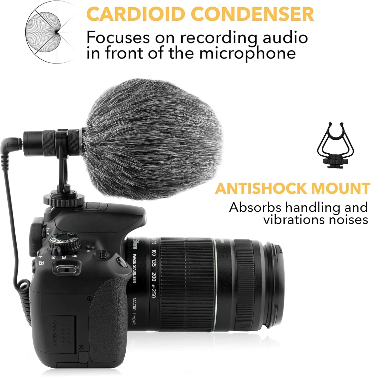 میکروفون ویدیویی PowerDeWise - میکروفون تک جهته روی دوربین برای دوربین های DSLR و تلفن ها - میکروفون ویدیویی کاردیویی جهت دار آیفون