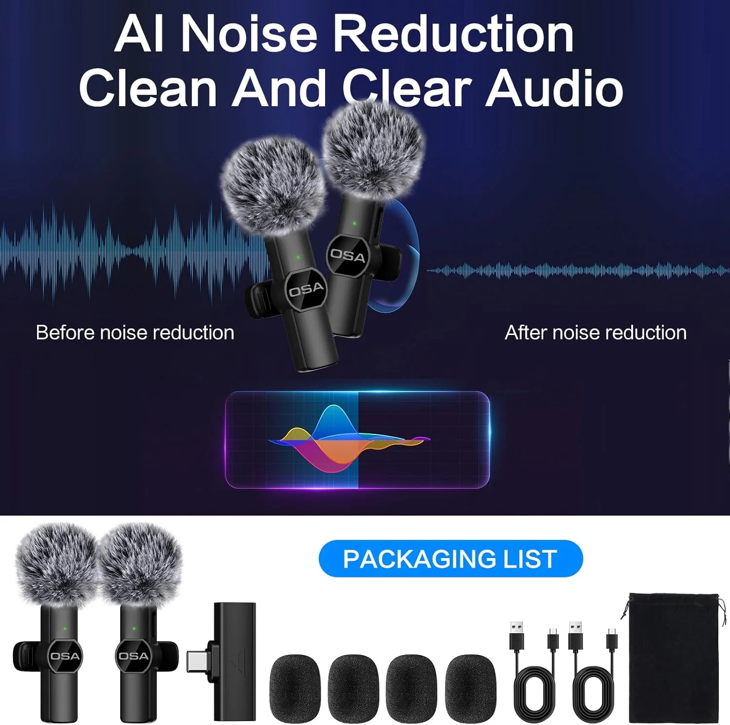 میکروفون یقه ای بی سیم USB-C OSA برای سری آیفون 15/اندروید/لپ تاپ گوشی هوشمند Type-C، میکروفون بی سیم برای ضبط ویدیو، میکروفون مینی، پخش زنده، TikTok، Vlog، YouTube، مصاحبه