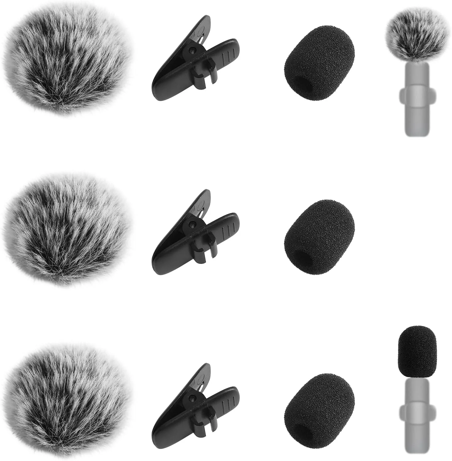 ست ۹ عددی لوازم جانبی میکروفون یقه‌ ای شامل ۳ بادگیر خزدار، ۳ روکش فومی و ۳ گیره میکروفون یقه ای برای کاهش نویز باد