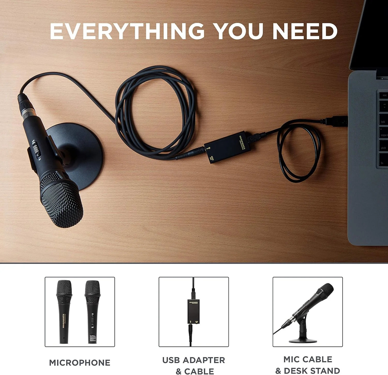 میکروفون کاندنسر USB مارنتز پرو M4U به همراه رابط صوتی، کابل میکروفون و پایه رومیزی برای پروژه‌های پادکست، استریم و ضبط سازها