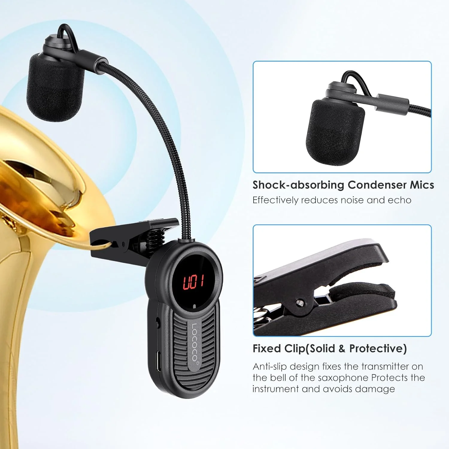 میکروفون بی سیم سازهای بادی UHF LOCOCO برای مبتدیان: فرستنده و گیرنده میکروفون ساکسیفون قابل شارژ - برد 50 متری. اتصال و پخش آسان - میکروفون های گیره ای مناسب برای ساکس، ترومپت، توبا، ترومبون