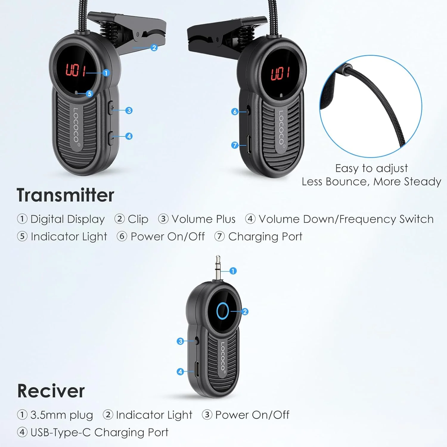 میکروفون بی سیم سازهای بادی UHF LOCOCO برای مبتدیان: فرستنده و گیرنده میکروفون ساکسیفون قابل شارژ - برد 50 متری. اتصال و پخش آسان - میکروفون های گیره ای مناسب برای ساکس، ترومپت، توبا، ترومبون