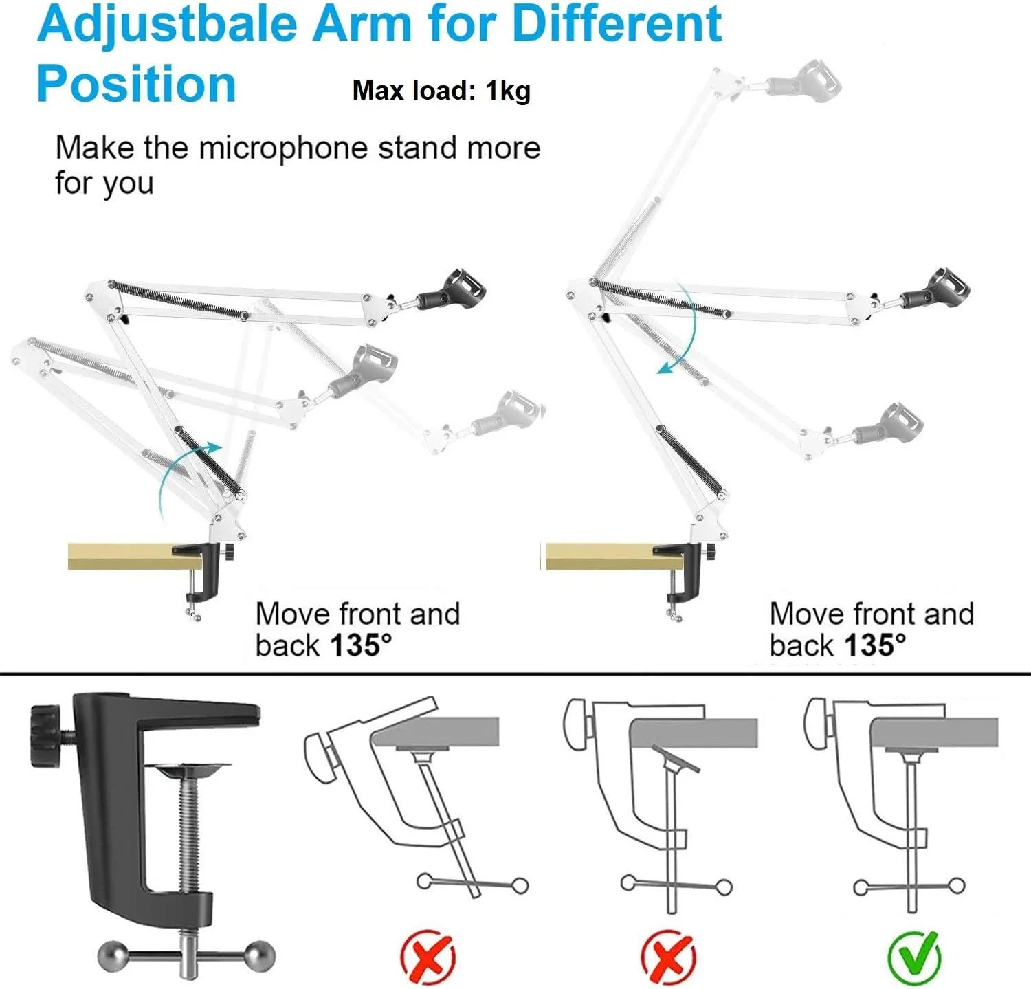 پایه میکروفون بازویی قابل تنظیم ای‌وینر، پایه میکروفون رومیزی سنگین با قابلیت تنظیم ارتفاع، بازوی میکروفون برای میکروفون‌های دستی، پادکست، بازی، ضبط صدا (سفید)