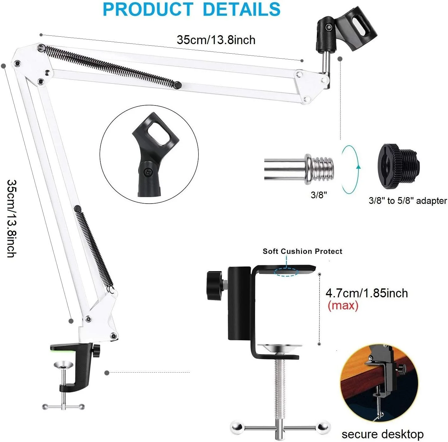 پایه میکروفون بازویی قابل تنظیم ای‌وینر، پایه میکروفون رومیزی سنگین با قابلیت تنظیم ارتفاع، بازوی میکروفون برای میکروفون‌های دستی، پادکست، بازی، ضبط صدا (سفید)