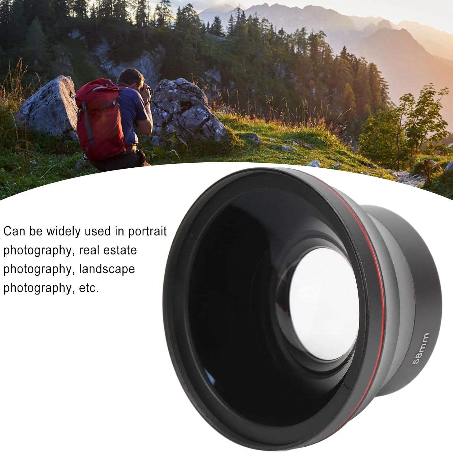 لنز زاویه باز 58 میلیمتری 0.43X و لنز ماکرو 2 در 1 شیشه اپتیکال با درپوش لنز برای عکاسی منظره SLR دیجیتال لنز زاویه باز 58 میلیمتری 0.43X و لنز ماکرو 2 در 1 شیشه اپتیکال با درپوش لنز برای عکاسی منظره SLR دیجیتال