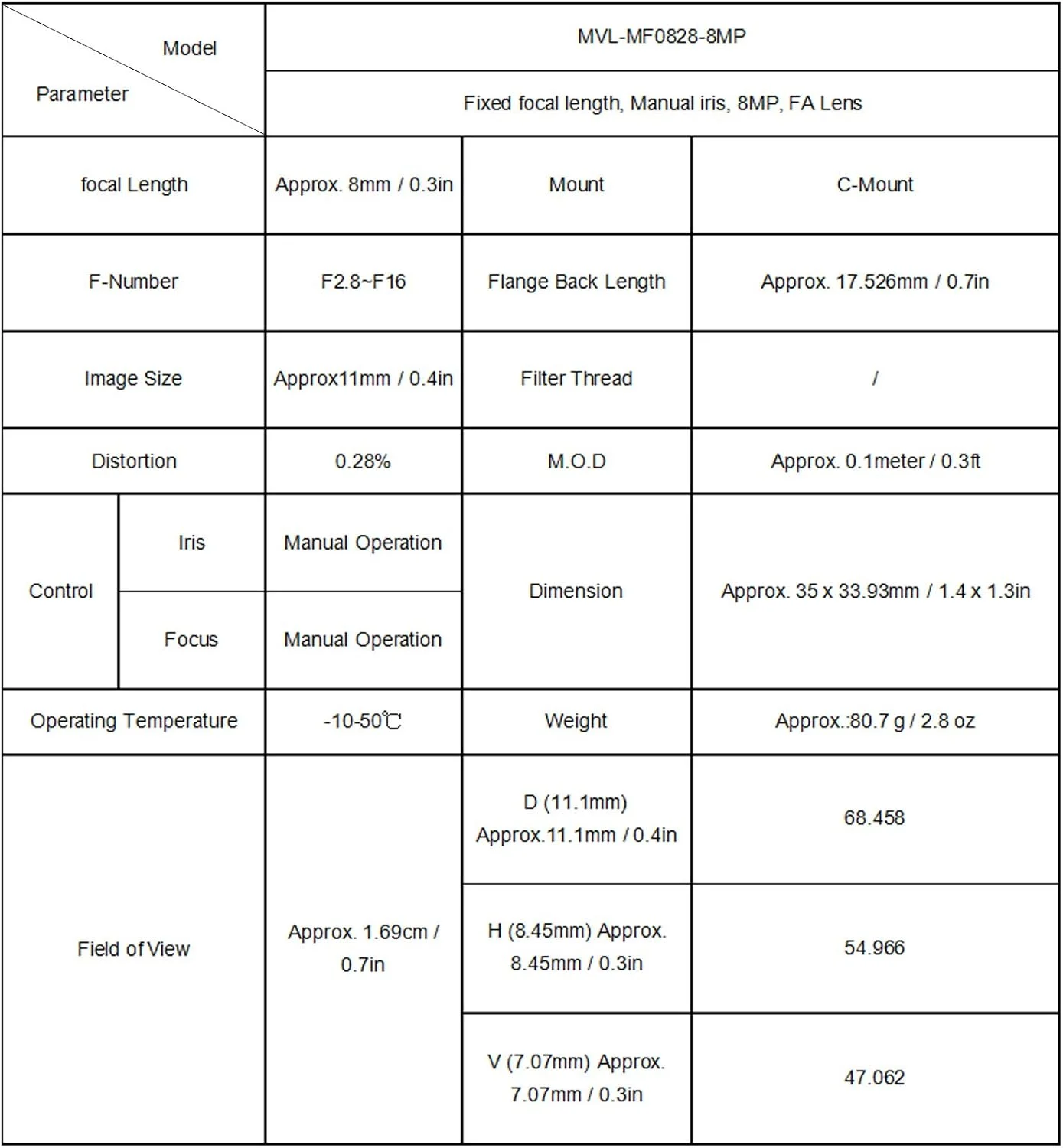 لنز FA، لنز HDMI هشت میلی‌متری MVL MF0828M-8MP 2 3 اینچی، لوازم جانبی لنز دوربین جایگزین، برای تجهیزات صنعتی و الکترونیکی