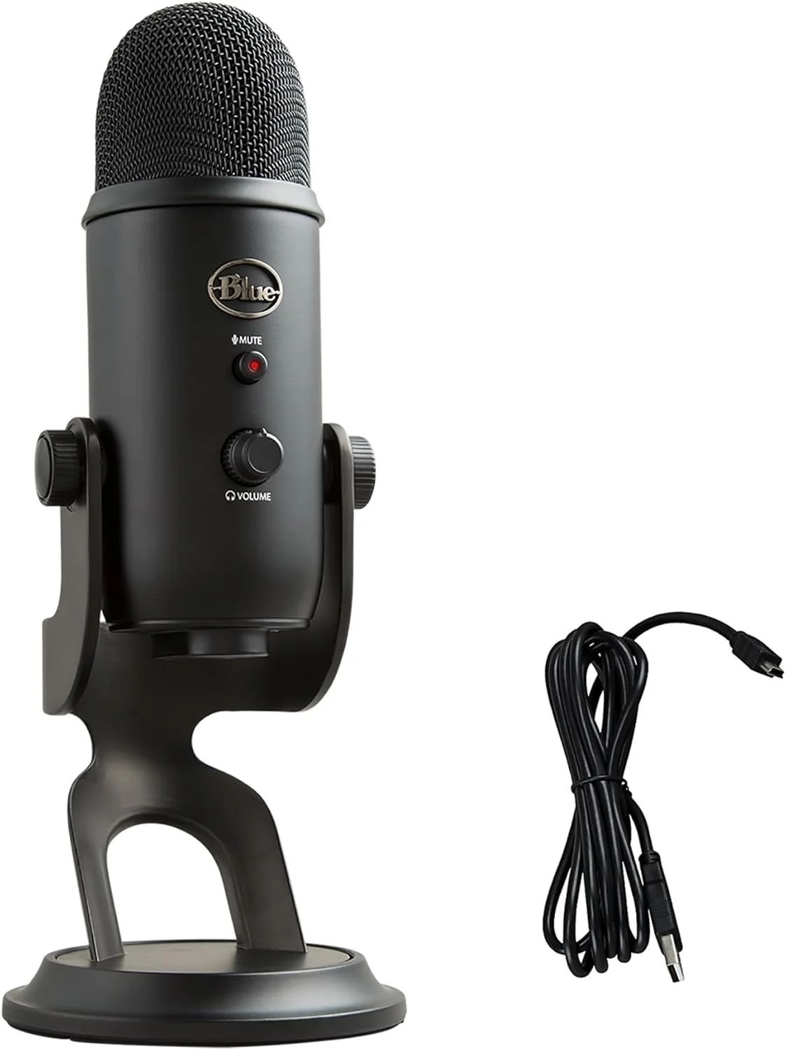 میکروفون USB Blue Yeti برای ضبط و استریم روی کامپیوتر و مک، 3 کپسول کندانسور، 4 الگوی قطبی، خروجی هدفون و کنترل صدا، کنترل گین میکروفون، پایه قابل تنظیم، اتصال آسان – مشکی