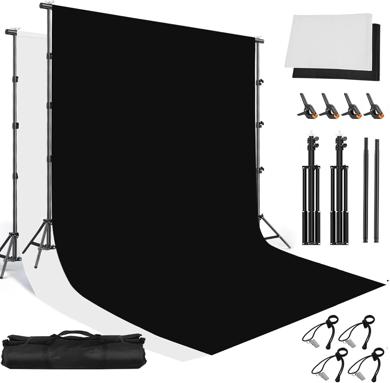 پایه پس زمینه 2.6x3 متری با پرده کروماکی سفید و مشکی 2x3 متری، کیت سیستم پشتیبانی نگهدارنده پس زمینه قابل تنظیم، گیره برای عکاسی استودیویی، فیلمبرداری، پرتره و عکاسی از محصول