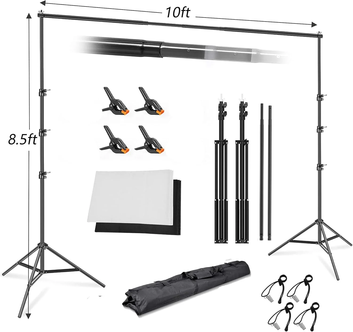 پایه پس زمینه 2.6x3 متری با پرده کروماکی سفید و مشکی 2x3 متری، کیت سیستم پشتیبانی نگهدارنده پس زمینه قابل تنظیم، گیره برای عکاسی استودیویی، فیلمبرداری، پرتره و عکاسی از محصول پایه پس زمینه 2.6x3 متری با پرده کروماکی سفید و مشکی 2x3 متری، کیت سیستم پشتیبانی نگهدارنده پس زمینه قابل تنظیم، گیره برای عکاسی استودیویی، فیلمبرداری، پرتره و عکاسی از محصول