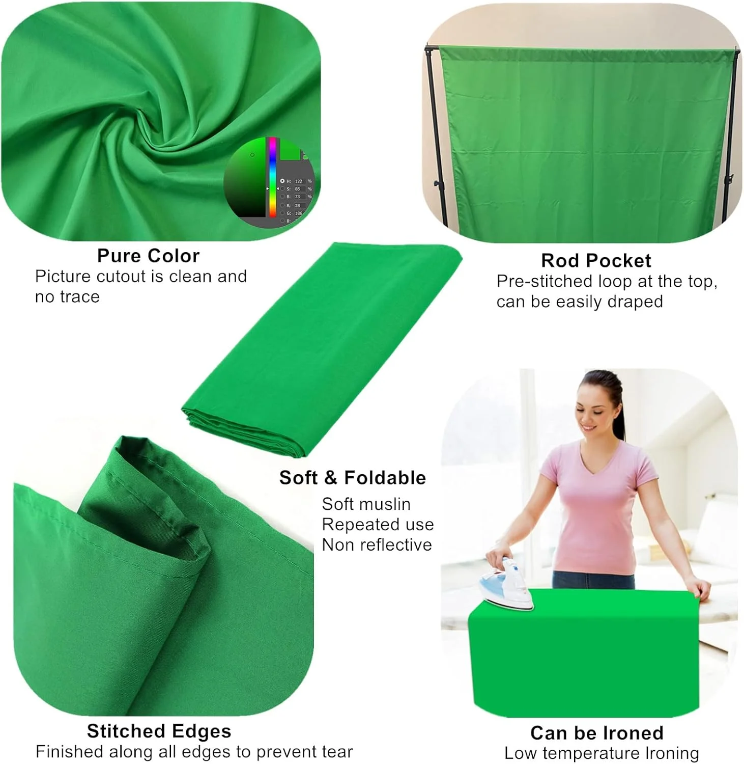 پرده سبز کروماکی، 2 متر در 3 متر، پس زمینه عکاسی پرتابل، پارچه موسلین خالص و تاشو برای استودیو عکس، پخش زنده، جلسات زوم و بازی