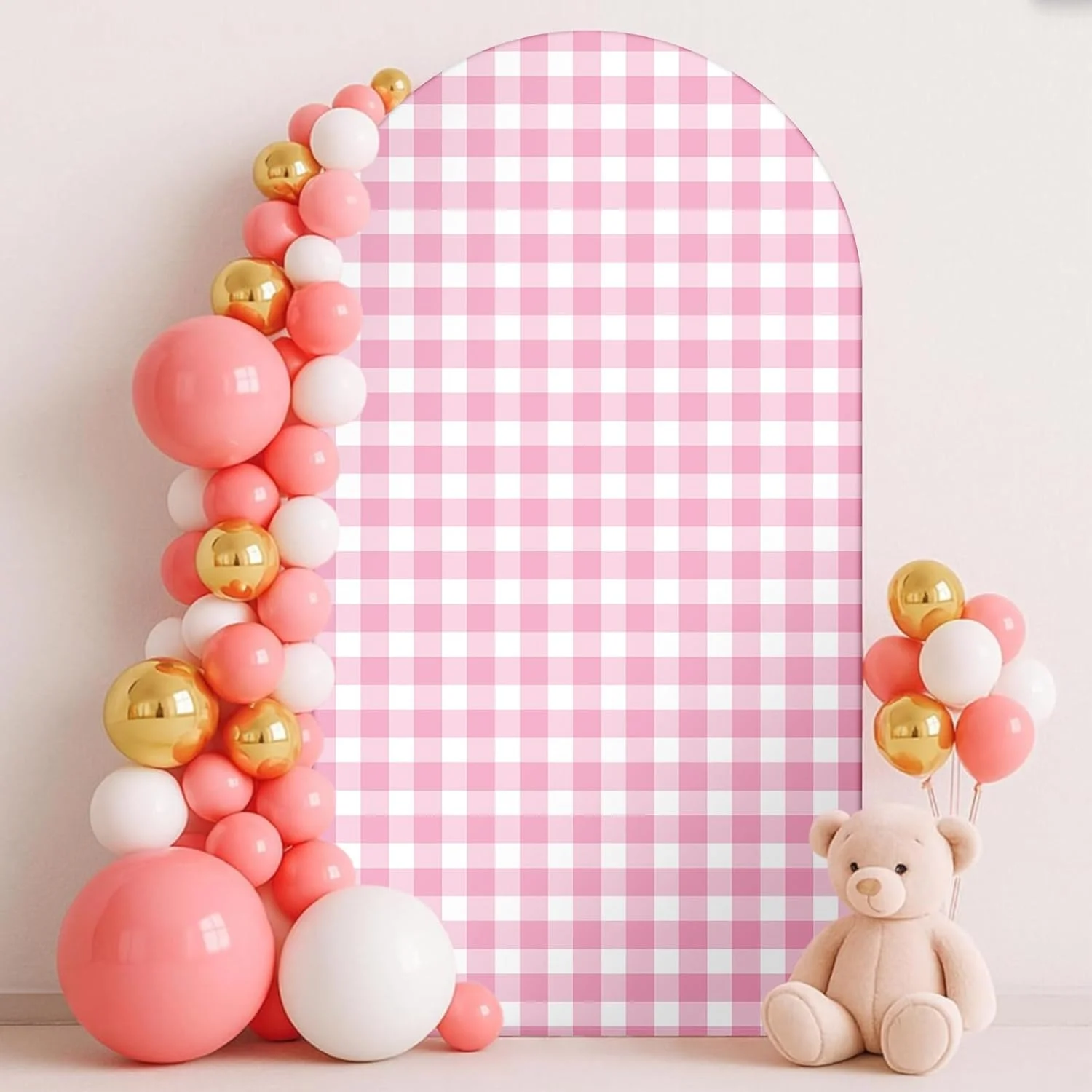 پس زمینه طاق برای جشن نوزاد، مهمانی عروسی با طرح تالاورا مکزیکی، روکش کششی پایه طاق، بنر دو طرفه، تزئینات جشن تولد و غسل تعمید، فقط روکش (چهارخانه صورتی، 80x180 سانتی متر)