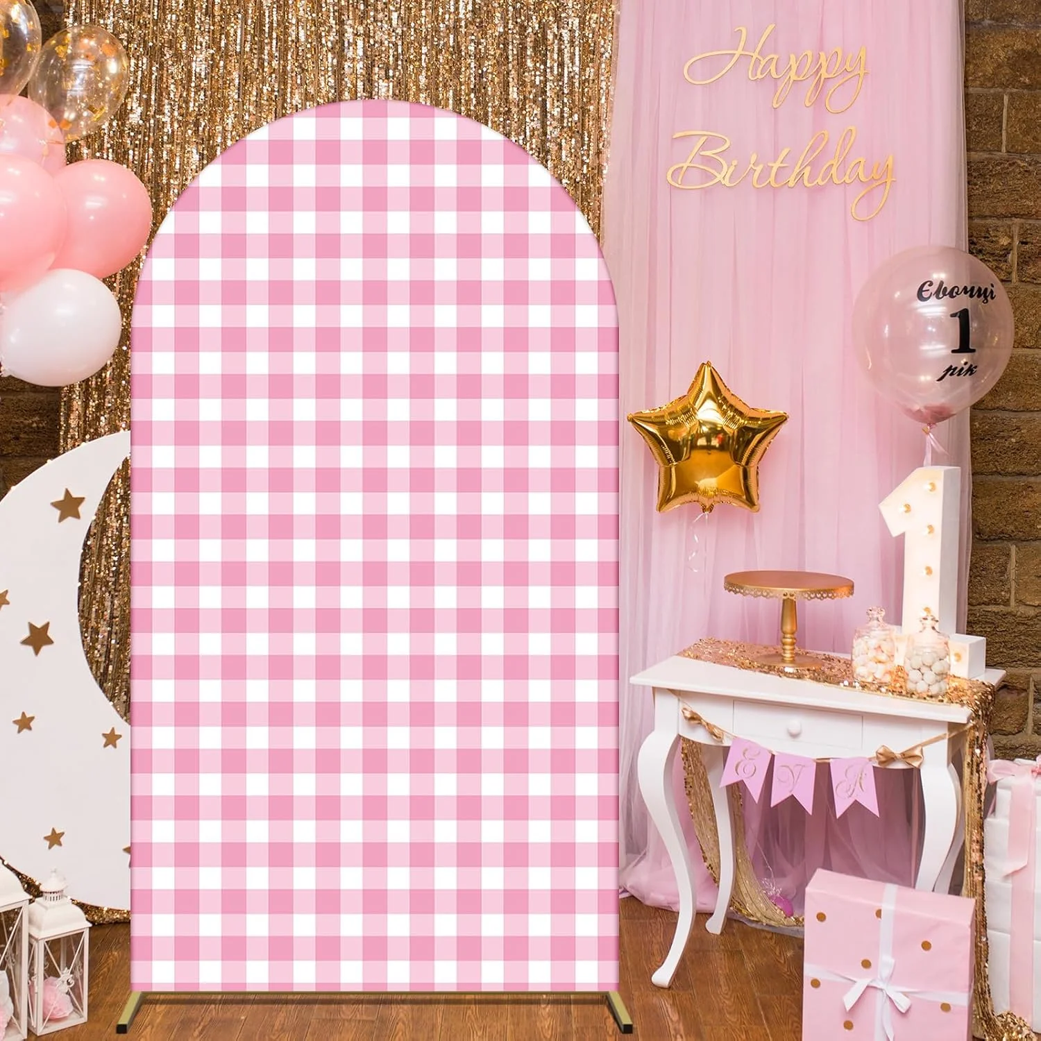 پس زمینه طاق برای جشن نوزاد، مهمانی عروسی با طرح تالاورا مکزیکی، روکش کششی پایه طاق، بنر دو طرفه، تزئینات جشن تولد و غسل تعمید، فقط روکش (چهارخانه صورتی، 80x180 سانتی متر)