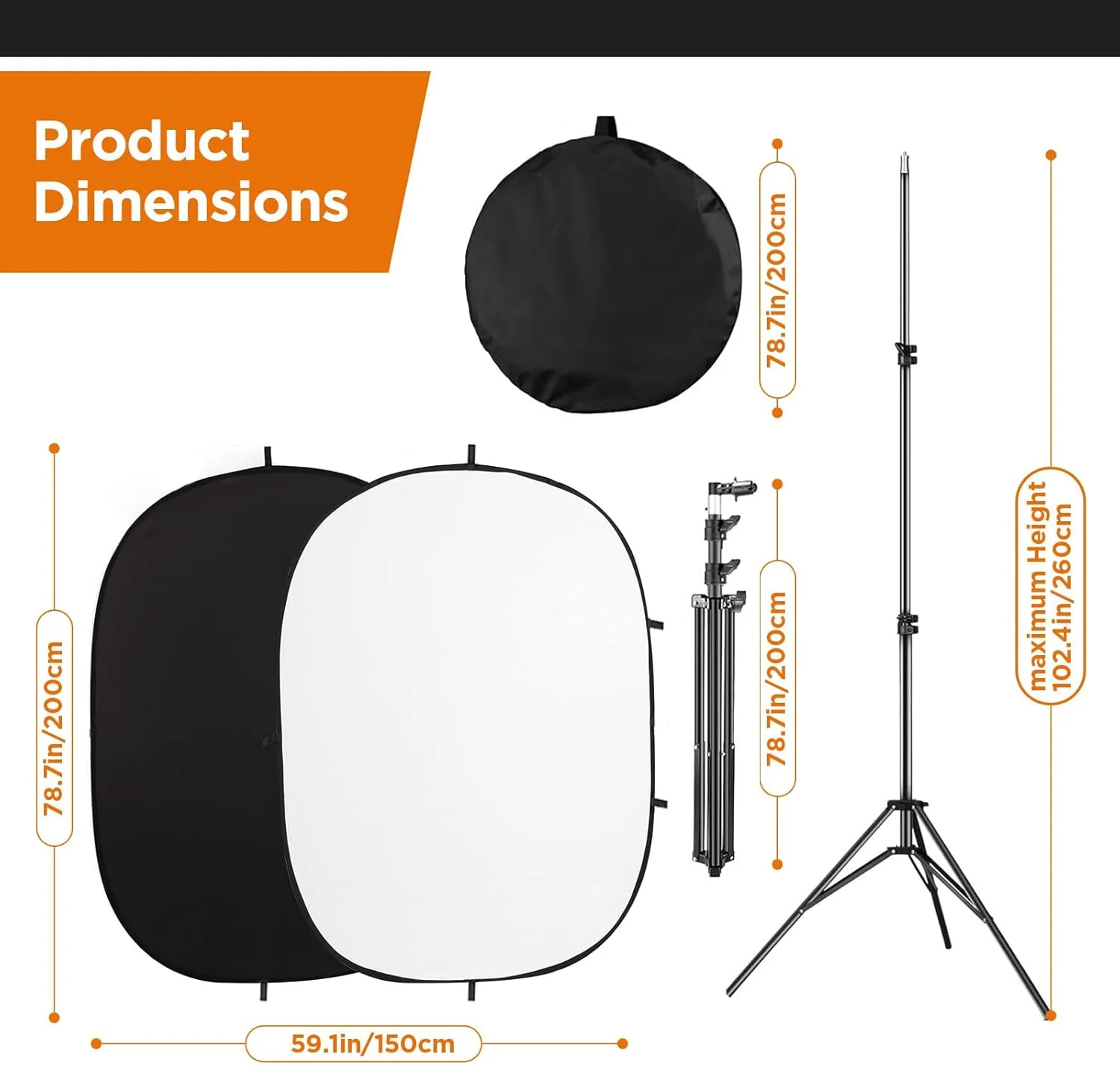 پس زمینه تاشو دو طرفه پرتابل کروماکی سیاه و سفید به همراه پایه، 150x200 سانتی متر، مناسب برای عکس، فیلم، پخش زنده و غیره (سیاه و سفید)