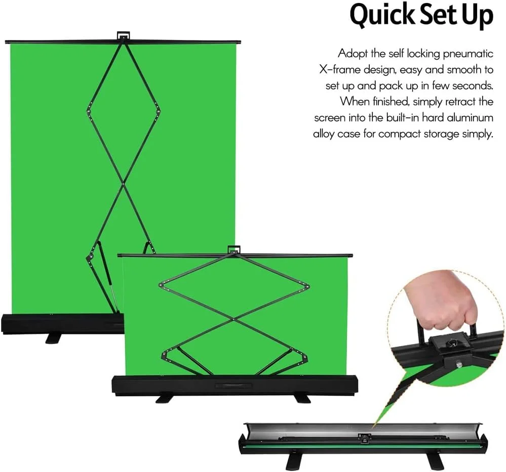 پس زمینه قابل حمل و کششی 1.5 * 2 متری، صفحه سبز ضد چروک با سیستم خود قفل شونده و کیف نگهداری آلیاژ آلومینیوم قابل حمل برای عکاسی