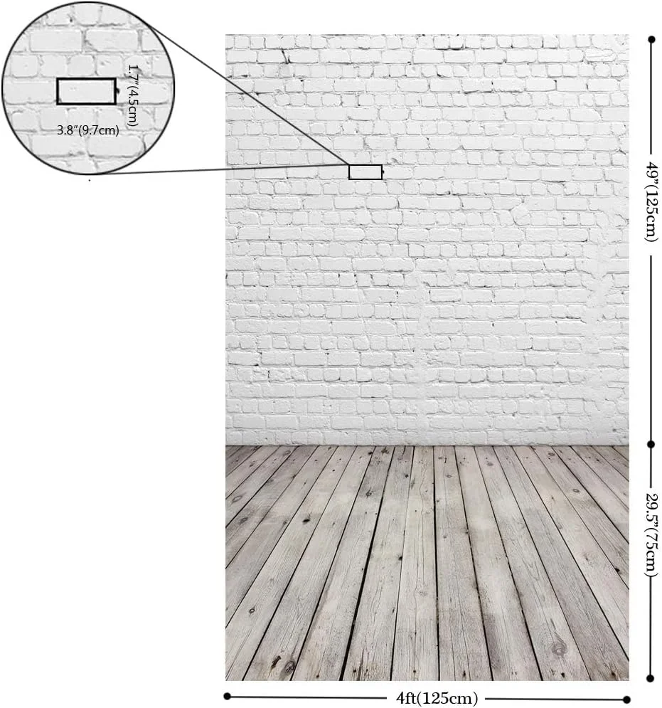 پس زمینه عکاسی دیوار آجری سفید با کف چوبی خاکستری هوآیی، سایز 120x180 سانتی متر، وینیل، مدل D-2504