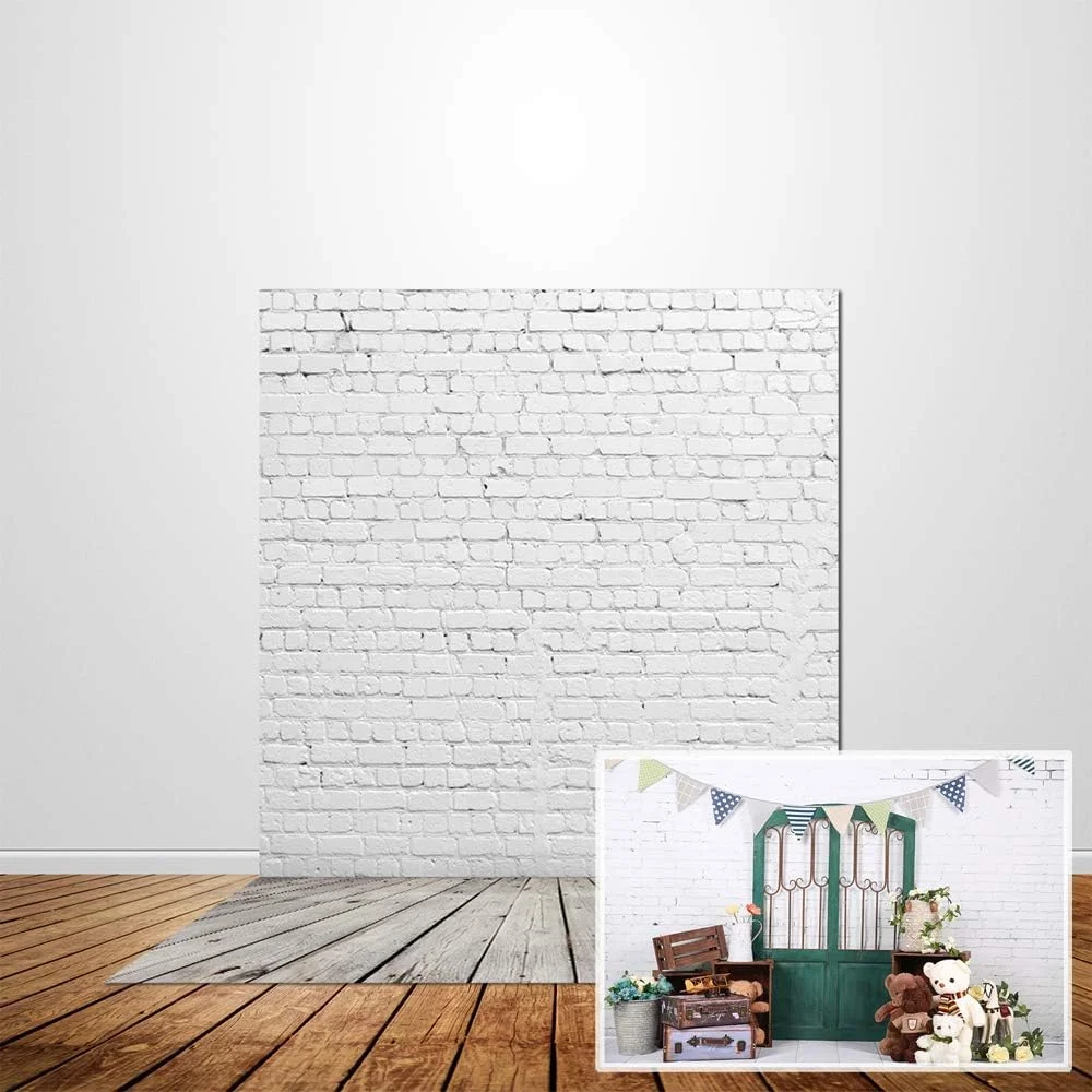 پس زمینه عکاسی دیوار آجری سفید با کف چوبی خاکستری هوآیی، سایز 120x180 سانتی متر، وینیل، مدل D-2504