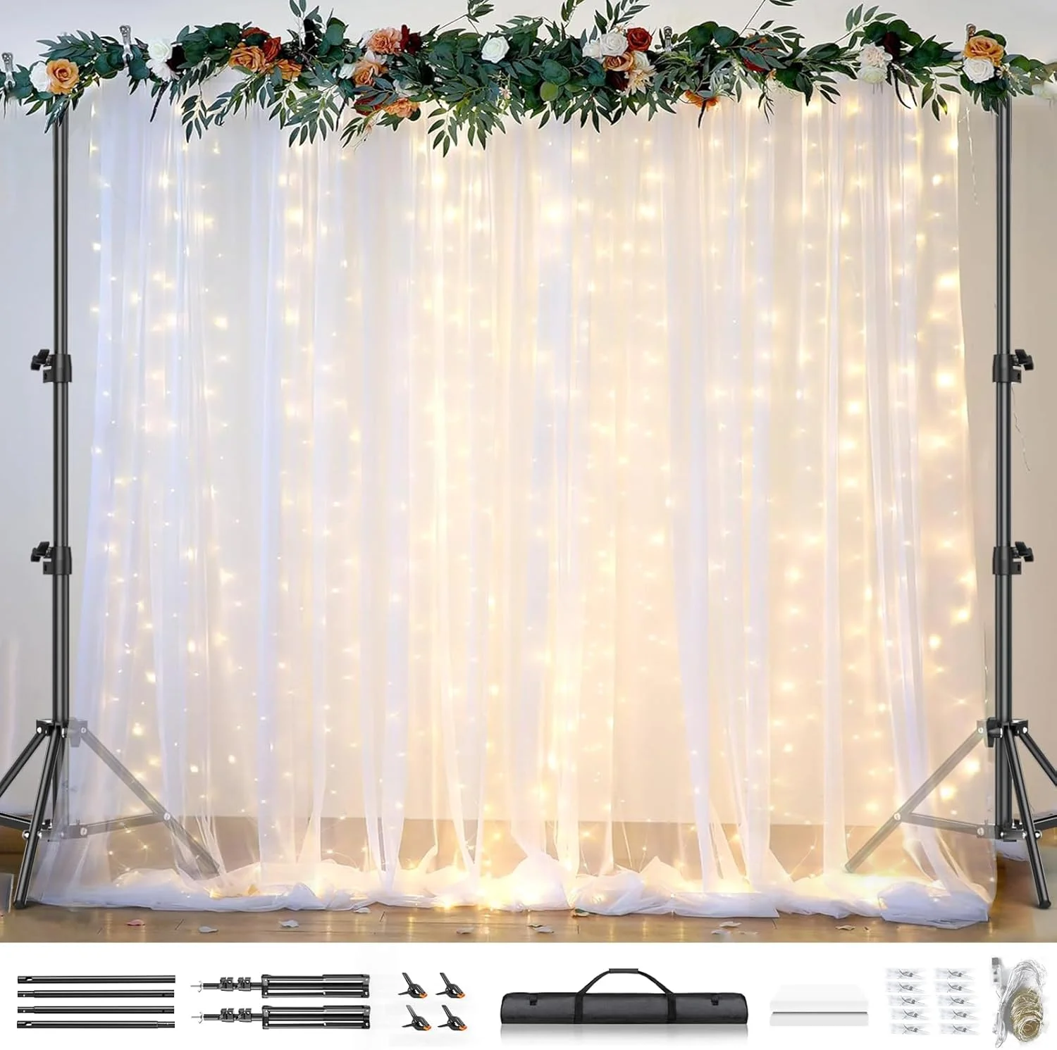 کیت پایه پس زمینه، پرده توری سفید 3x3 متری با ریسه چراغ و پایه پس زمینه 2.6x3 متری، کیت پشتیبانی پس زمینه برای تزئینات پس زمینه عکس جشن تولد، عروسی و مهمانی نوزاد