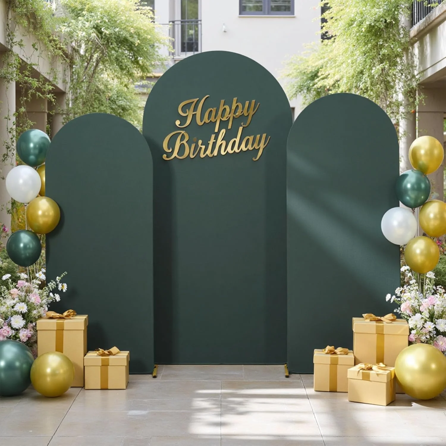 ست کاور پس زمینه طاق کمانی سبز شکارچی، بدون چروک، کشسان، مناسب عروسی، جشن جنگلی، جشن نوزاد، عکاسی، 3 تکه در اندازه های 2.2 متر، 2 متر و 1.8 متر