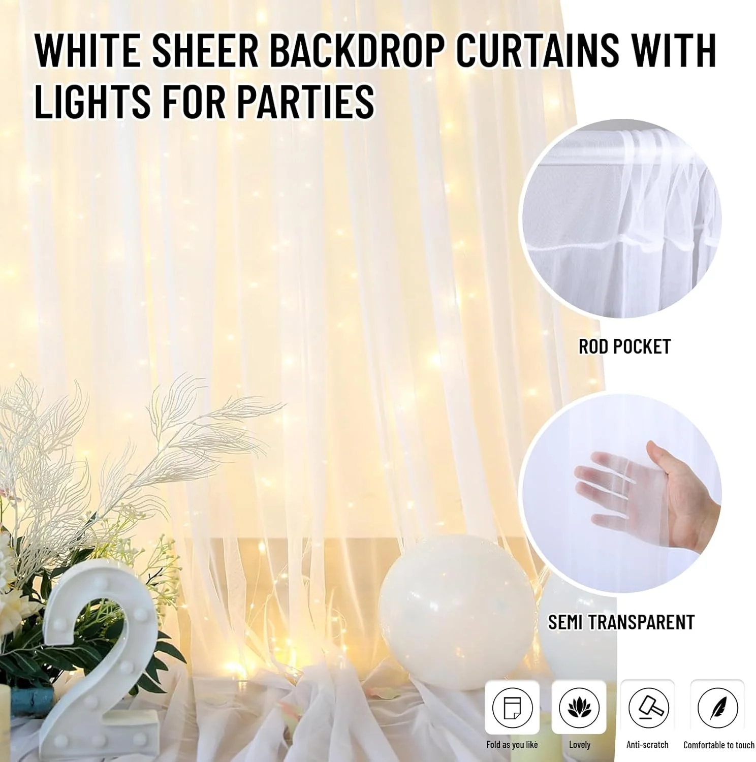 کیت پایه پس زمینه، پرده توری سفید 3x3 متری با ریسه چراغ و پایه پس زمینه 2.6x3 متری، کیت پشتیبانی پس زمینه برای تزئینات پس زمینه عکس جشن تولد، عروسی و مهمانی نوزاد