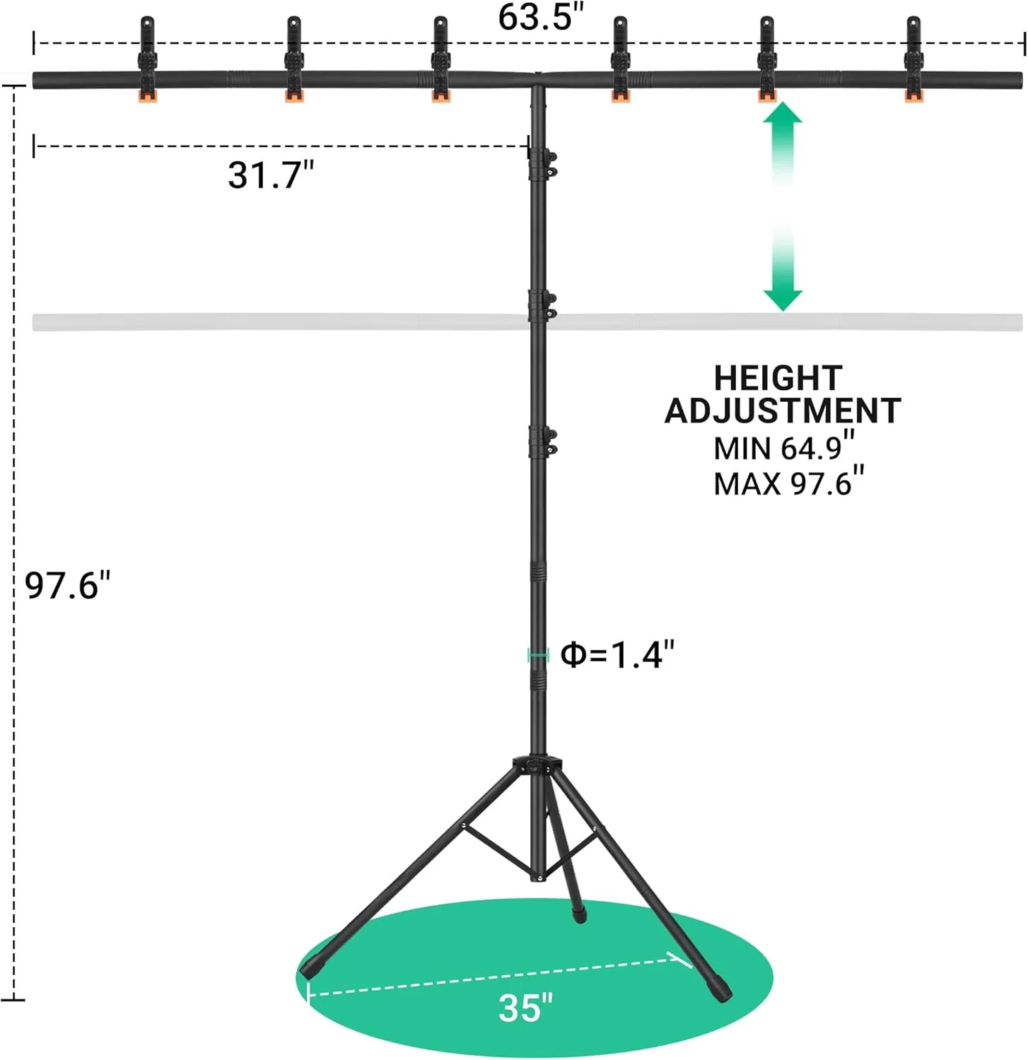 پایه نگهدارنده پرده پس زمینه قابل حمل T شکل - کیت پایه پس زمینه عکس قابل تنظیم 8x5.2 فوت، نگهدارنده کوچک و محکم پس زمینه با 6 گیره فنری، کیسه شن، کیف حمل برای مهمانی، عکاسی و استودیوی ویدئویی