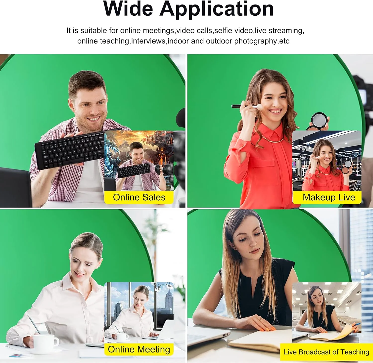 پس زمینه پرده سبز قابل حمل (56 اینچ)، پس زمینه وب کم تاشو، پرده سبز کروماکی، برای کنفرانس ویدیویی در دفتر کار خانگی