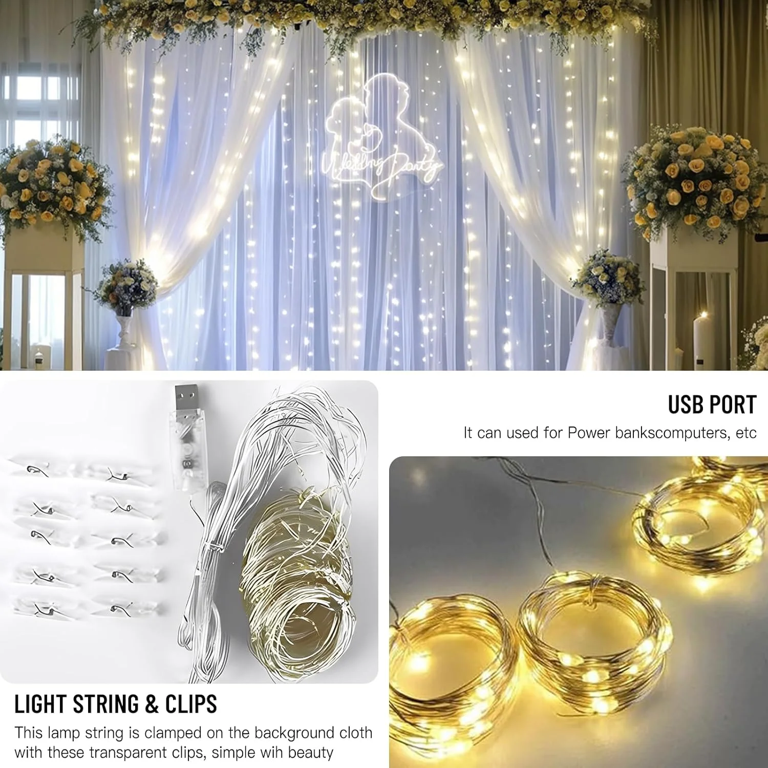 کیت پایه پس زمینه، پرده توری سفید 3x3 متری با ریسه چراغ و پایه پس زمینه 2.6x3 متری، کیت پشتیبانی پس زمینه برای تزئینات پس زمینه عکس جشن تولد، عروسی و مهمانی نوزاد