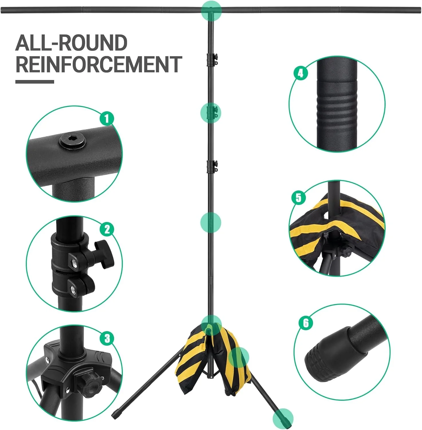 پایه نگهدارنده پرده پس زمینه قابل حمل T شکل - کیت پایه پس زمینه عکس قابل تنظیم 8x5.2 فوت، نگهدارنده کوچک و محکم پس زمینه با 6 گیره فنری، کیسه شن، کیف حمل برای مهمانی، عکاسی و استودیوی ویدئویی