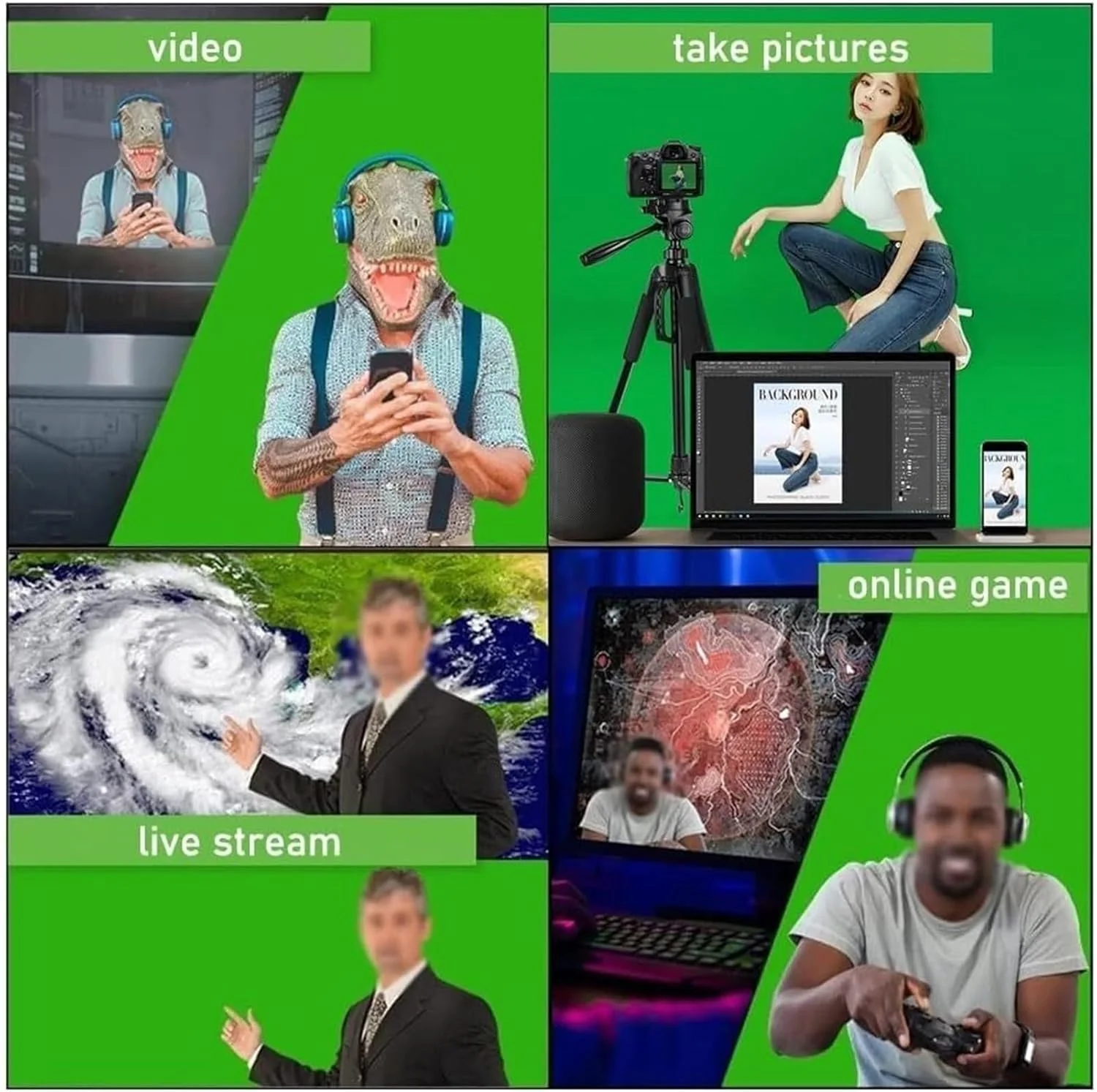 پس زمینه برای عکاسی، پس زمینه قابل حمل با پایه و 4 گیره، پرده سبز کروماکی، برای پخش زنده و کنفرانس ویدیویی