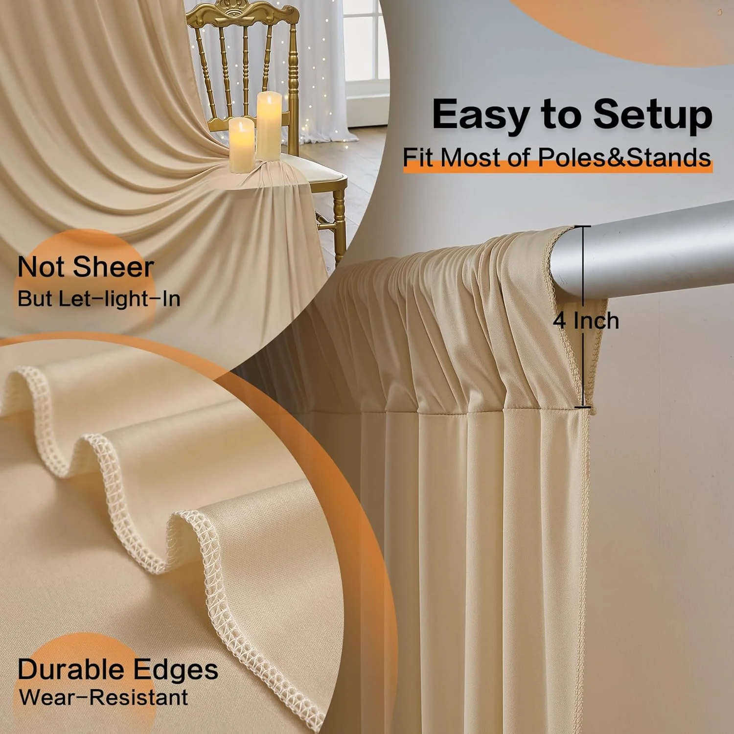 پرده پس زمینه بدون چروک بژ 3x4.2 متری برای عروسی ها و مهمانی ها، 2 تکه پارچه ابریشمی پلی استر 4.2 متری برای پس زمینه عکس، مناسب برای تولد، جشن نوزاد و پس زمینه عکاسی پرده پس زمینه بدون چروک بژ 3x4.2 متری برای عروسی ها و مهمانی ها، 2 تکه پارچه ابریشمی پلی استر 4.2 متری برای پس زمینه عکس، مناسب برای تولد، جشن نوزاد و پس زمینه عکاسی