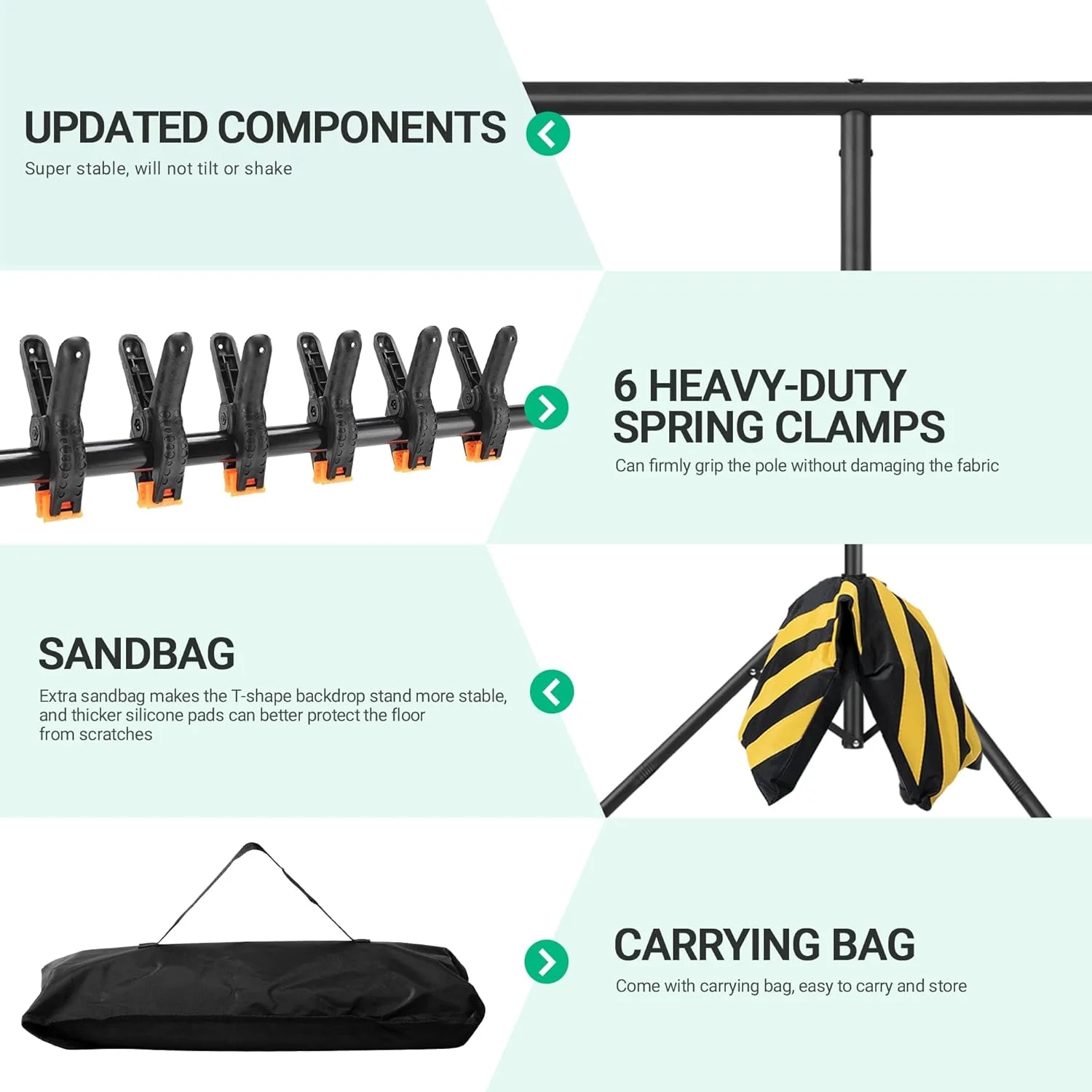 پایه نگهدارنده پرده پس زمینه قابل حمل T شکل - کیت پایه پس زمینه عکس قابل تنظیم 8x5.2 فوت، نگهدارنده کوچک و محکم پس زمینه با 6 گیره فنری، کیسه شن، کیف حمل برای مهمانی، عکاسی و استودیوی ویدئویی