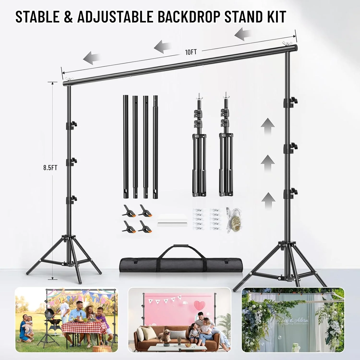 کیت پایه پس زمینه، پرده توری سفید 3x3 متری با ریسه چراغ و پایه پس زمینه 2.6x3 متری، کیت پشتیبانی پس زمینه برای تزئینات پس زمینه عکس جشن تولد، عروسی و مهمانی نوزاد