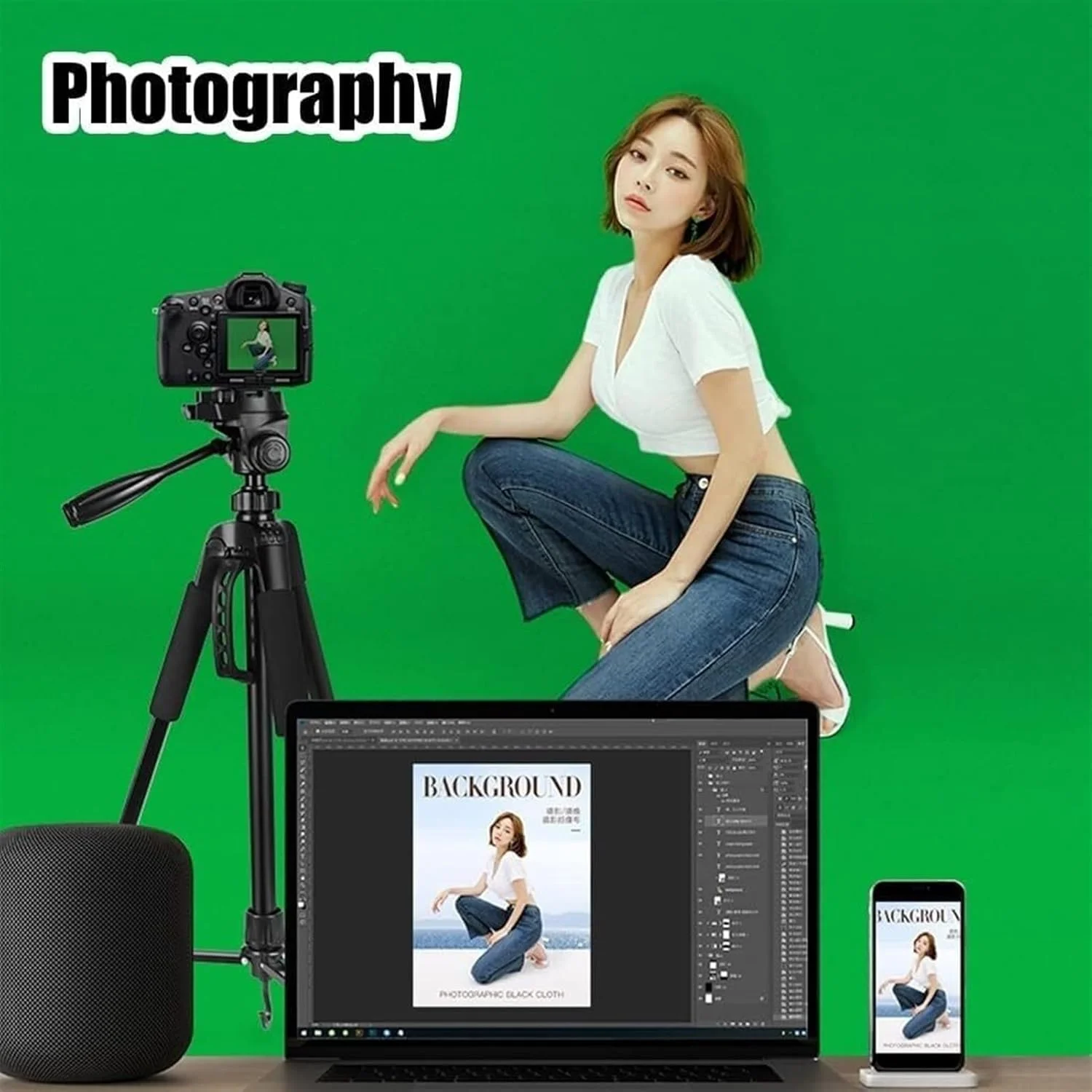 پس زمینه برای عکاسی، پس زمینه قابل حمل با پایه و 4 گیره، پرده سبز کروماکی، برای پخش زنده و کنفرانس ویدیویی