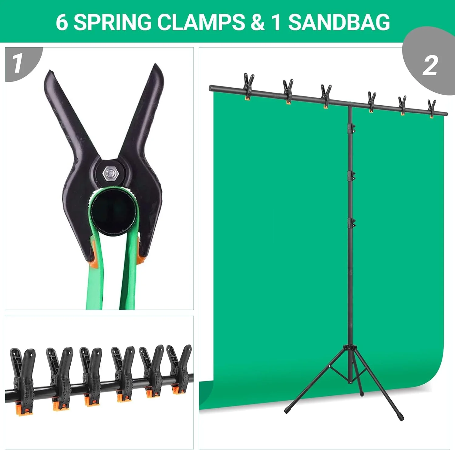 پایه نگهدارنده پرده پس زمینه قابل حمل T شکل - کیت پایه پس زمینه عکس قابل تنظیم 8x5.2 فوت، نگهدارنده کوچک و محکم پس زمینه با 6 گیره فنری، کیسه شن، کیف حمل برای مهمانی، عکاسی و استودیوی ویدئویی