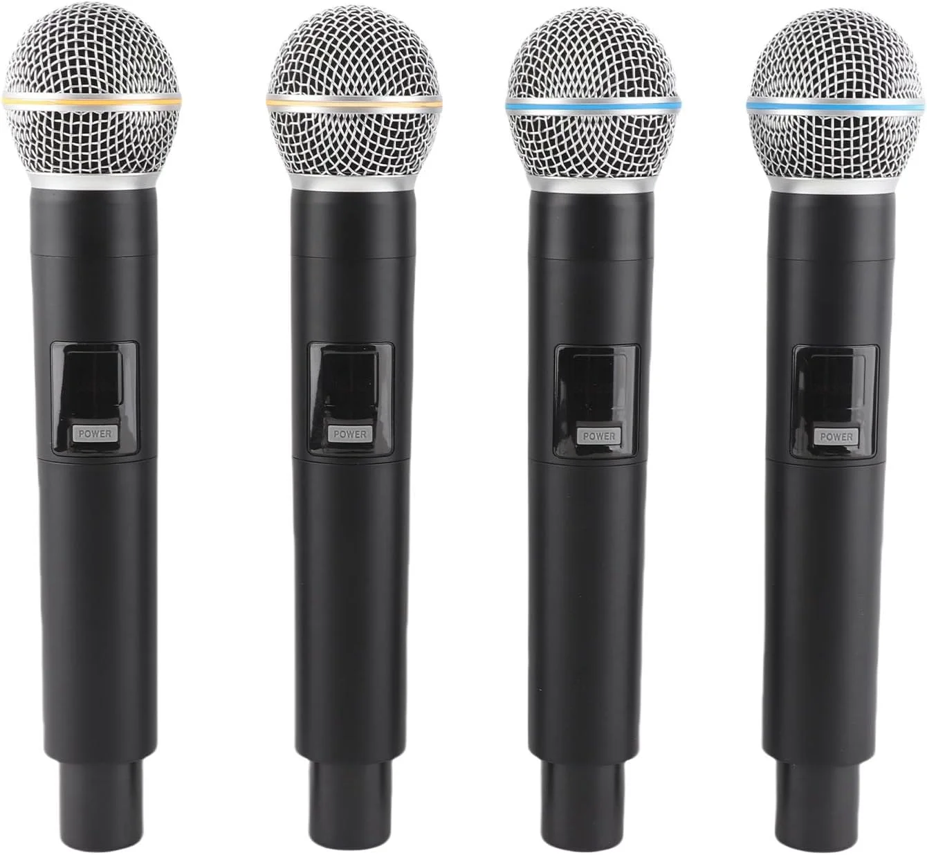 میکروفون بی‌سیم Bewinner، مجموعه 4 میکروفون دستی داینامیک بی‌سیم VHF با گیرنده قابل شارژ، برد 50 متری، مجموعه میکروفون بی‌سیم برای کارائوکه، کلیسا، سخنرانی، آواز