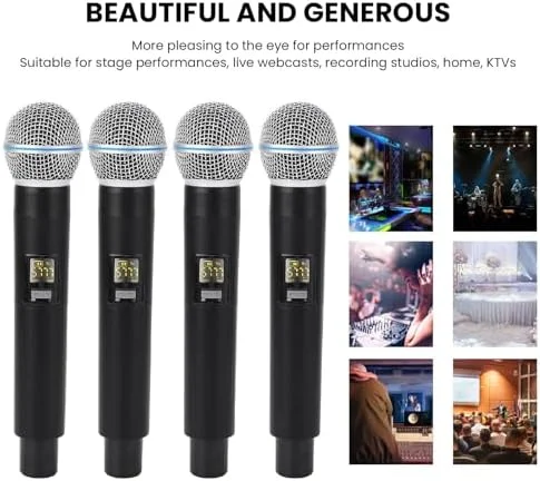 میکروفون بیسیم Bewinner، مجموعه 4 میکروفون دستی داینامیک بیسیم VHF با گیرنده قابل شارژ، برد 50 متری، مجموعه میکروفون بیسیم برای کارائوکه، کلیسا، سخنرانی، آواز میکروفون بیسیم Bewinner، مجموعه 4 میکروفون دستی داینامیک بیسیم VHF با گیرنده قابل شارژ، برد 50 متری، مجموعه میکروفون بیسیم برای کارائوکه، کلیسا، سخنرانی، آواز