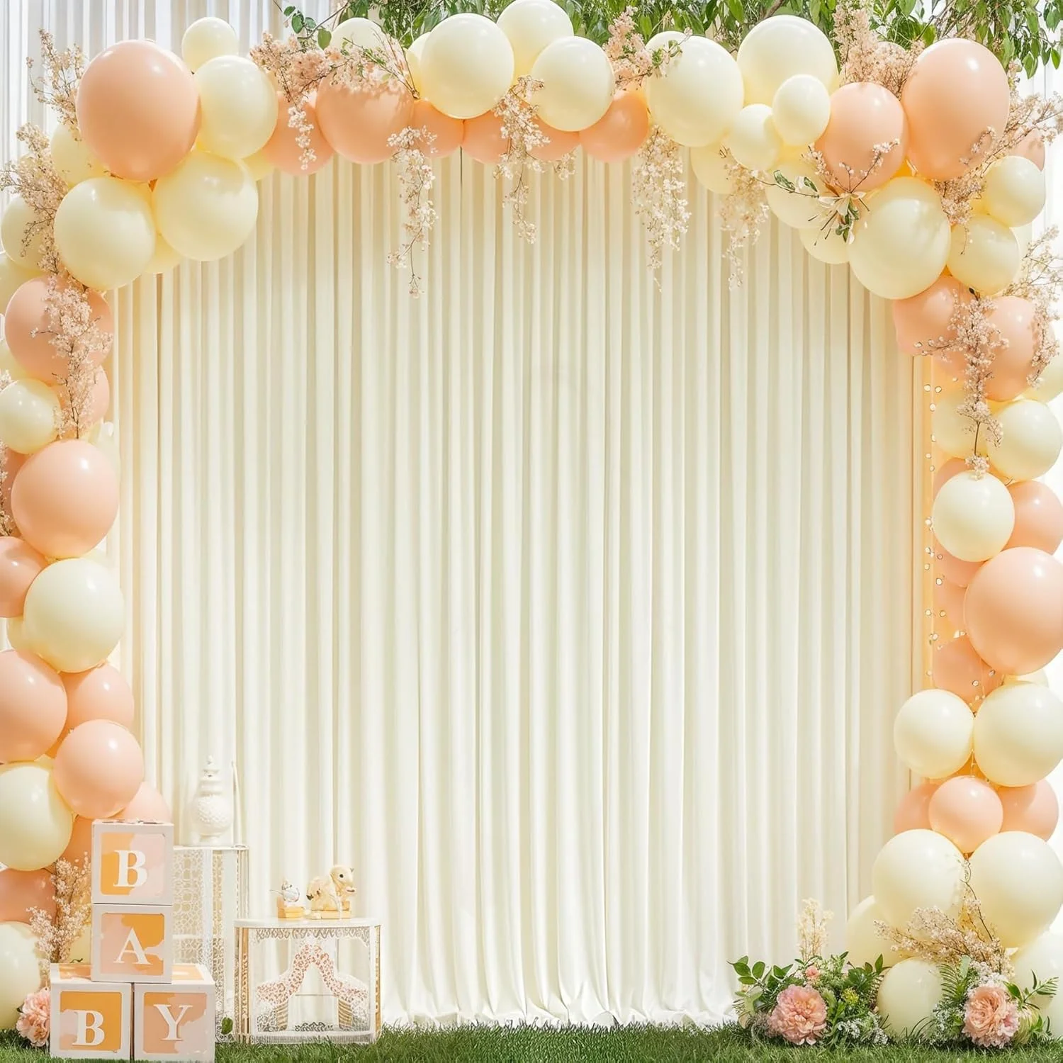 پرده پس زمینه عاجی 2.4x3 متری برای مهمانی های عروسی، پارچه پلی استر بدون چروک برای عکاسی، مناسب برای تزئینات استیج، مهمانی تولد، جشن نوزاد، 2 عدد پنل 1.2x3 متری