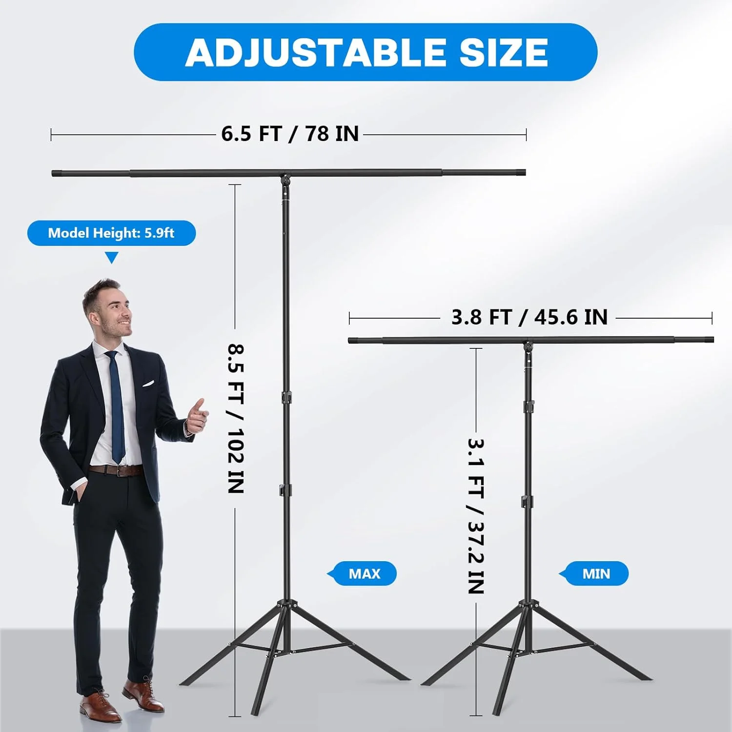 پایه نگهدارنده پس زمینه T شکل 2.6x2 متر، سه پایه قابل تنظیم، میله فوق العاده بلند با 6 گیره فنری، پایه نگهدارنده پس زمینه قابل حمل برای مهمانی، عروسی، بنر، عکاسی و دکوراسیون