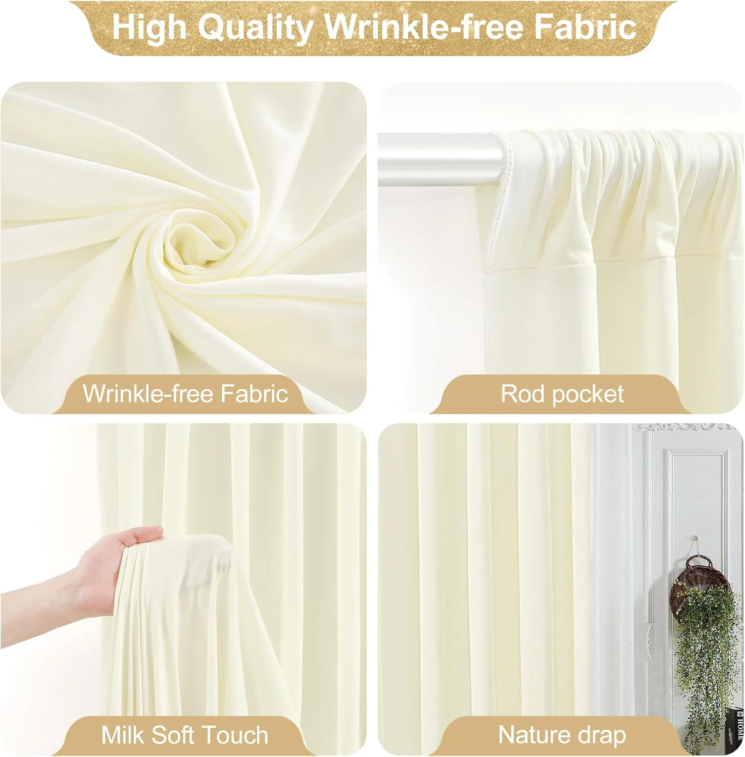 پرده پس زمینه عاجی 7.3x3 متری برای مهمانی های عروسی، پرده های پس زمینه عکاسی پلی استر بدون چروک برای مهمانی های عروسی، جشن تولد نوزاد، دکوراسیون استند پس زمینه صحنه 1.2x3 متری، 6 پنل