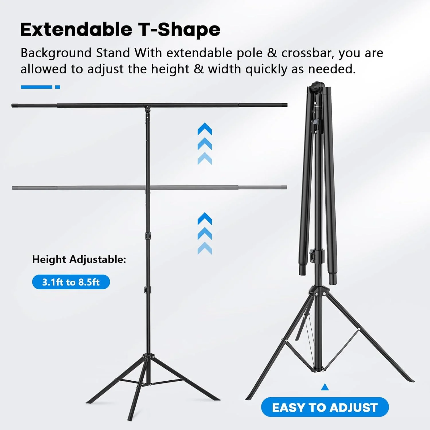 پایه نگهدارنده پس زمینه T شکل 2.6x2 متر، سه پایه قابل تنظیم، میله فوق العاده بلند با 6 گیره فنری، پایه نگهدارنده پس زمینه قابل حمل برای مهمانی، عروسی، بنر، عکاسی و دکوراسیون