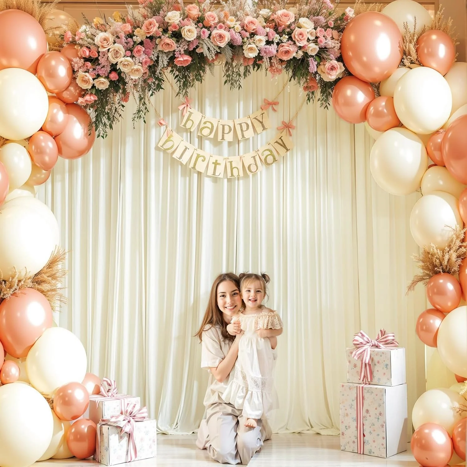 پرده پس زمینه عاجی 7.3x3 متری برای مهمانی های عروسی، پرده های پس زمینه عکاسی پلی استر بدون چروک برای مهمانی های عروسی، جشن تولد نوزاد، دکوراسیون استند پس زمینه صحنه 1.2x3 متری، 6 پنل