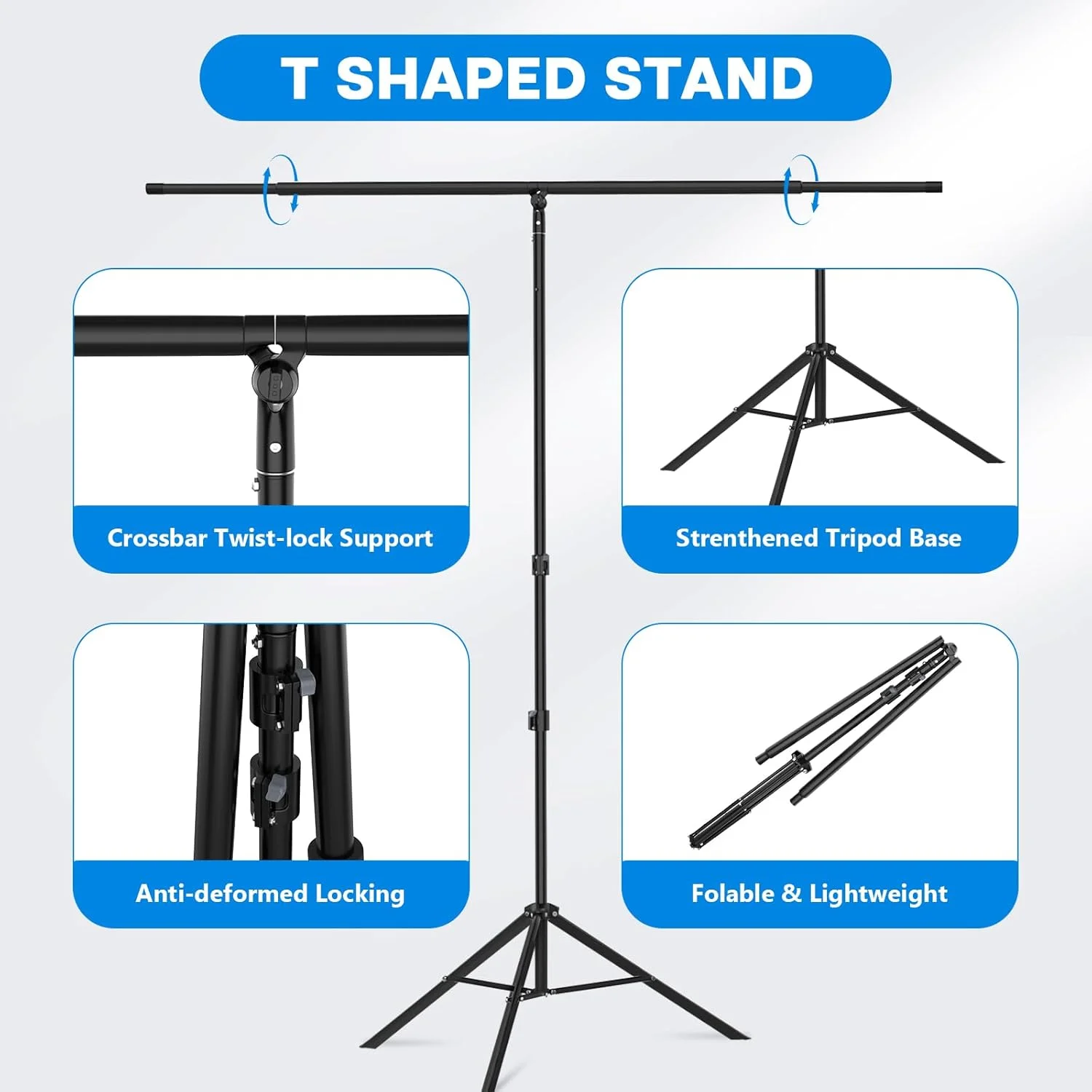 پایه نگهدارنده پس زمینه T شکل 2.6x2 متر، سه پایه قابل تنظیم، میله فوق العاده بلند با 6 گیره فنری، پایه نگهدارنده پس زمینه قابل حمل برای مهمانی، عروسی، بنر، عکاسی و دکوراسیون