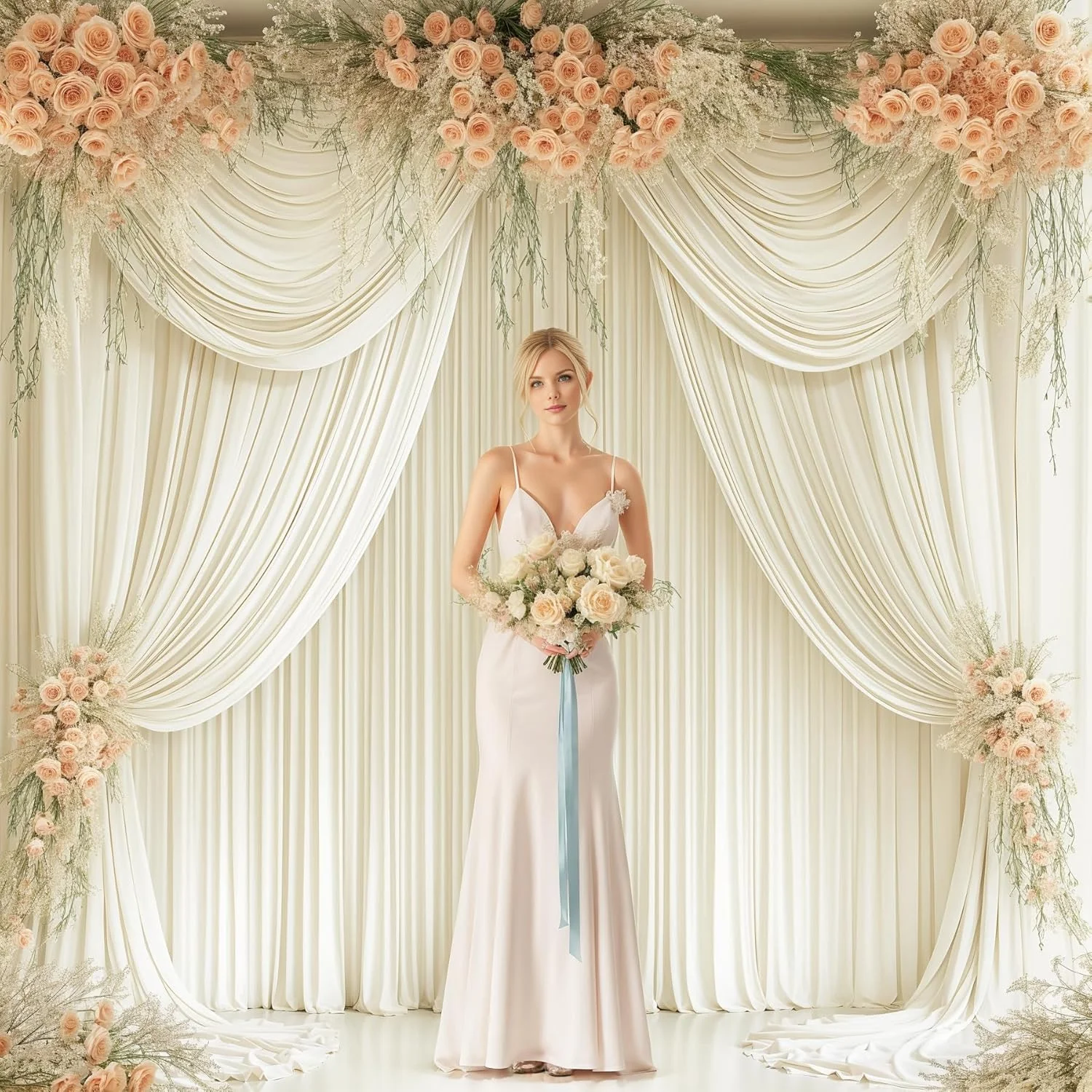 پرده پس زمینه عاجی 7.3x3 متری برای مهمانی های عروسی، پرده های پس زمینه عکاسی پلی استر بدون چروک برای مهمانی های عروسی، جشن تولد نوزاد، دکوراسیون استند پس زمینه صحنه 1.2x3 متری، 6 پنل